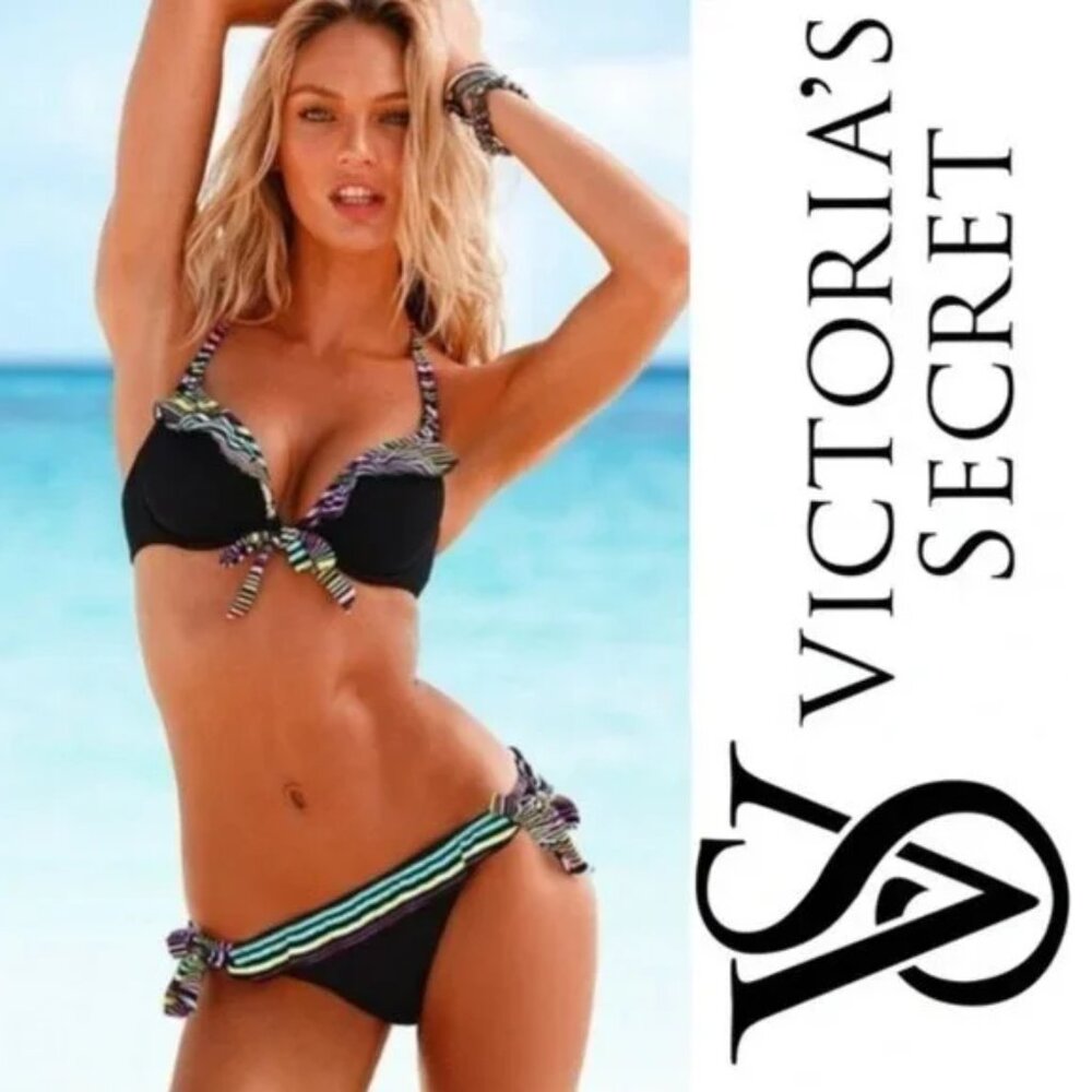 Victoria Secret | Black Rainbow Stripe Ruffle Bikini Bottoms | Size Small